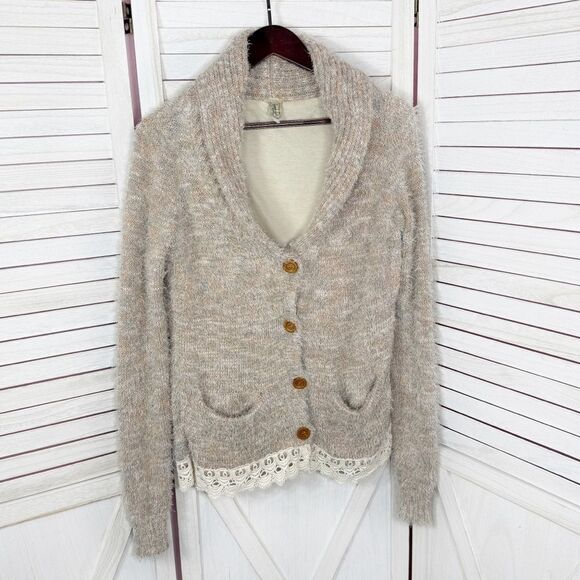 Gimmicks‎ by BKE Eyelash Yarn Lace Trim Cardigan Sweater Tan Multi Small - Picture 10 of 16